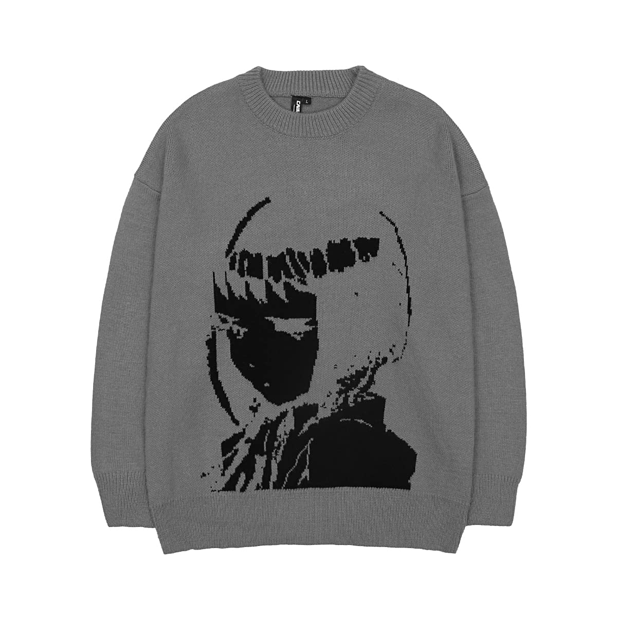 HANGJIAMen Oversized Knitted Sweater Pullover Black Japanese Anime Cartoon Print
