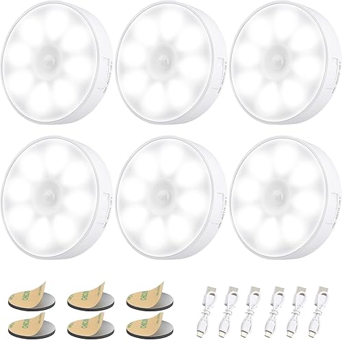 Paquete de 6 luces con sensor de movimiento para interiores 8 LED, luz nocturna Electight recargable por USB, batería de 400 mAh y 3 modos de luz,