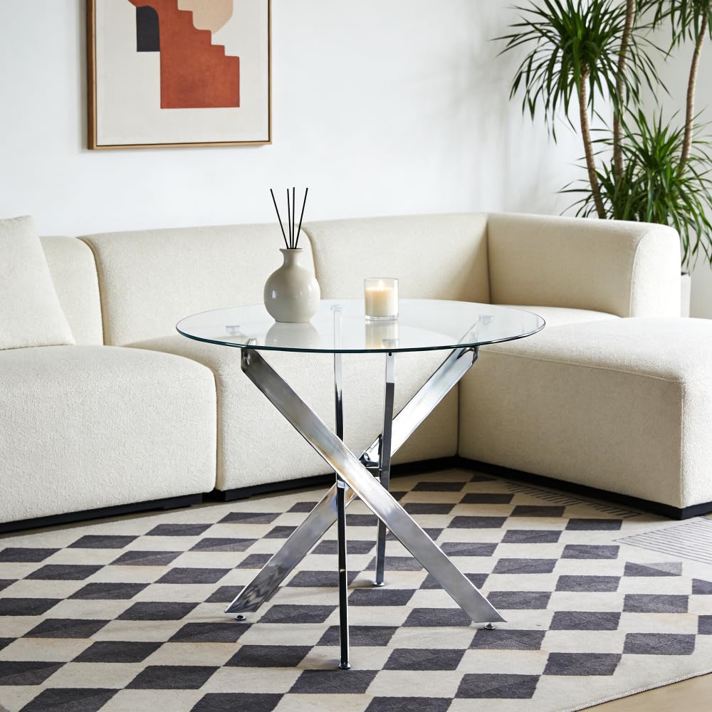 Table ronde pied en croix métal chromé et plateau verre trempé