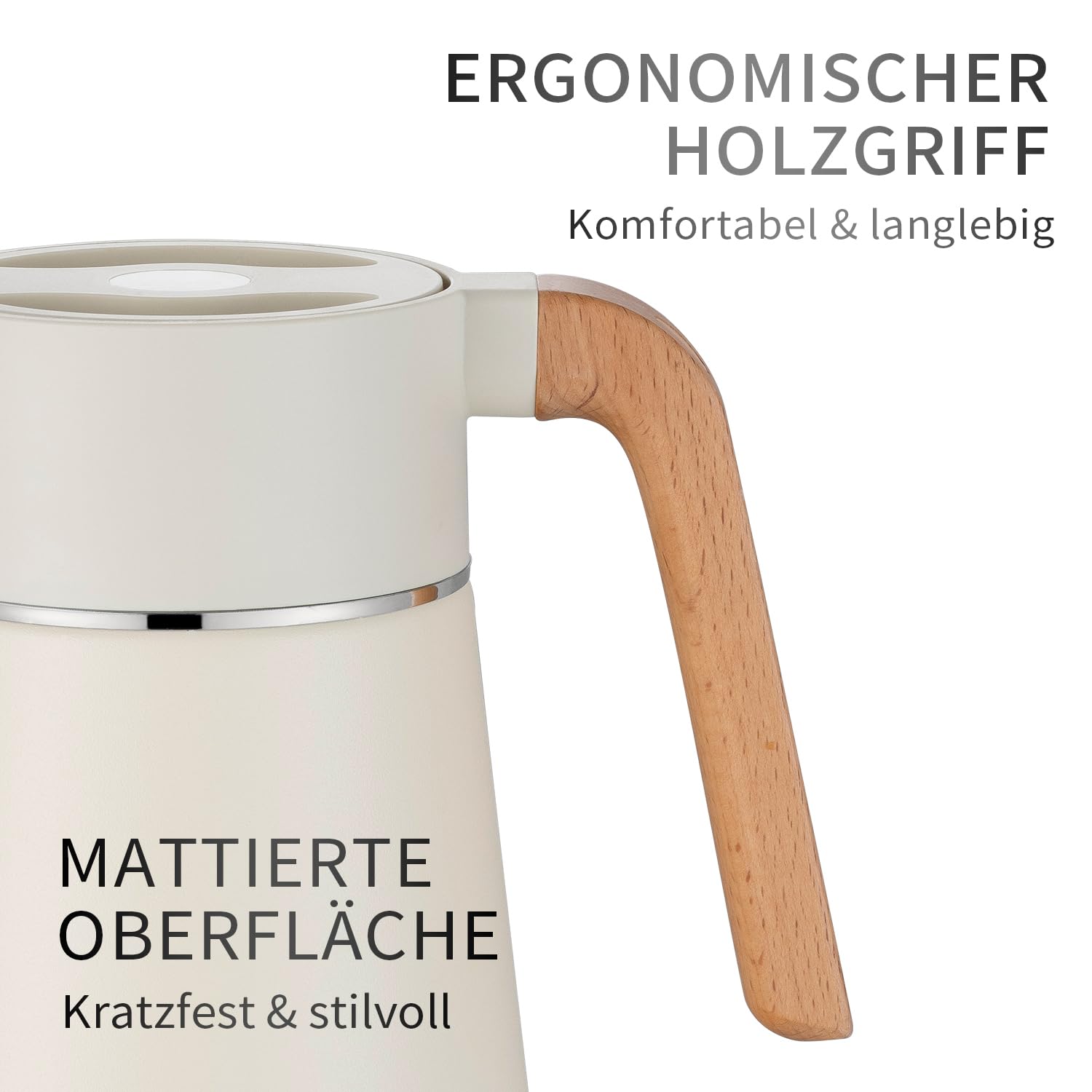 VETIN Termo con colador de té de 1,5 l de acero inoxidable 304, jarra térmica | A prueba de fugas, 10 h caliente y 16 h frío, para té, café y bebidas frías (tapa: blanco | cuerpo: beige cálido)