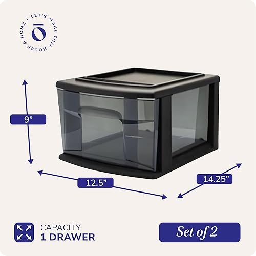 Miniatura 3 de HOMZ Paquete de 2 carritos de almacenamiento de 1 cajón, contenedor de plástico con tinte ahumado, 14.25 pulgadas de ancho, mediano, marco negro,