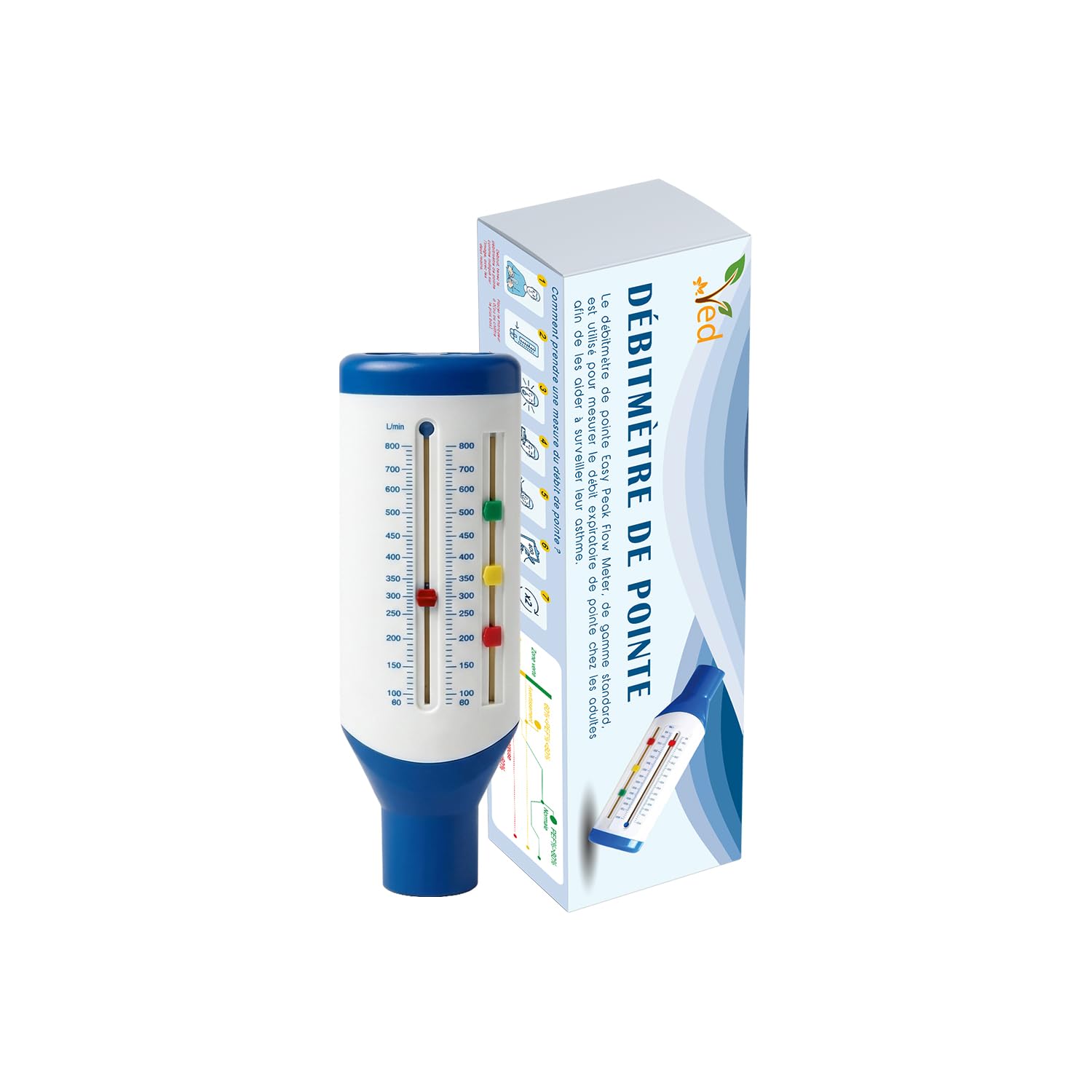 Débitmètre de pointe VED pour adultes, débitmètre expiratoire à plage standard pour la surveillance de la fonction pulmonaire, appareil portable de spirométrie pour l'entraînement respiratoire.