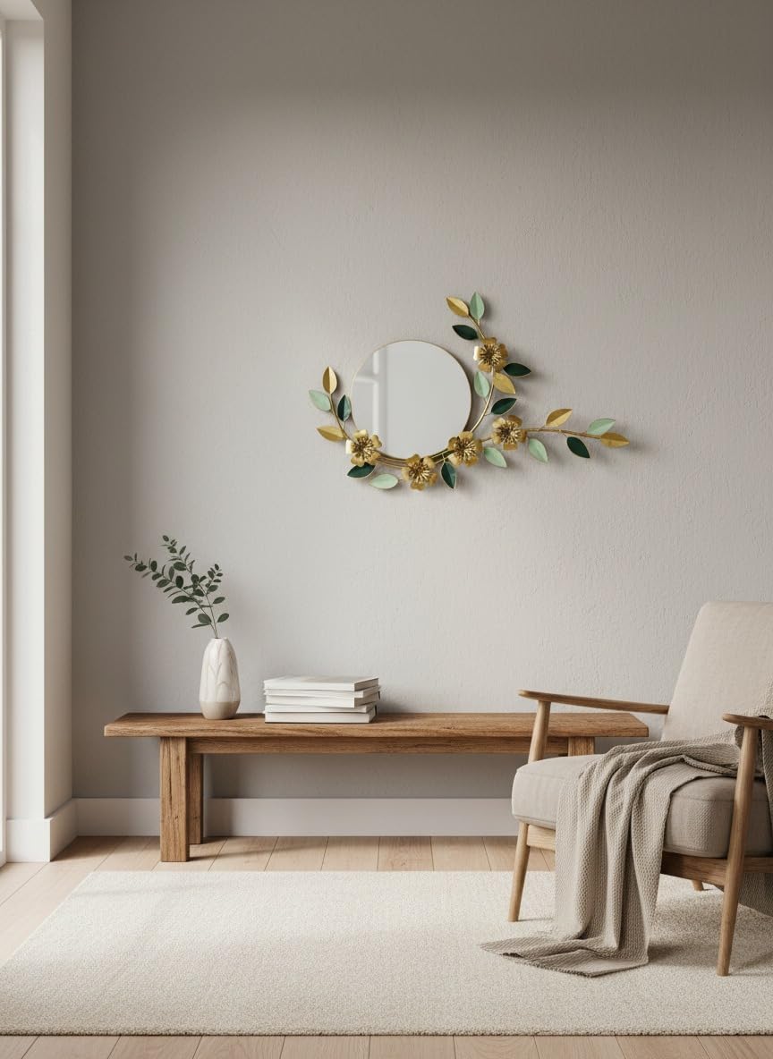 Modern Metal Wall Mirror with Floral Leaf Design | Decorative Round Hanging Mirror for Living Room, Bedroom, Entryway | Luxury Gold & Green Wall Art Décor | Elegant Home Accent Mirror-image-26
