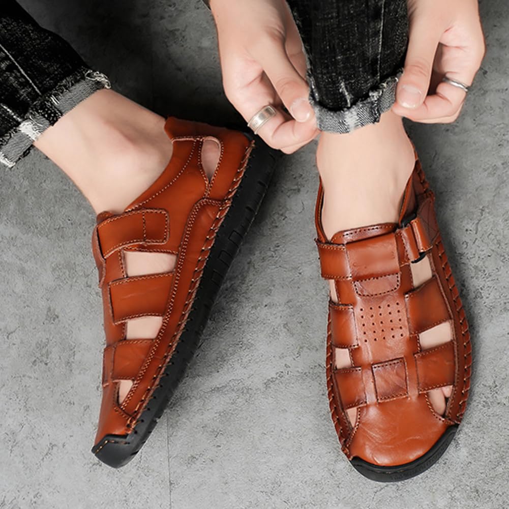 Sandalias de cuero con puntera cerrada para hombre, sandalias ortopédicas de verano para hombre, transpirables, cosidas a mano, zapatos de pescador de cuero para caminar, senderismo, playa