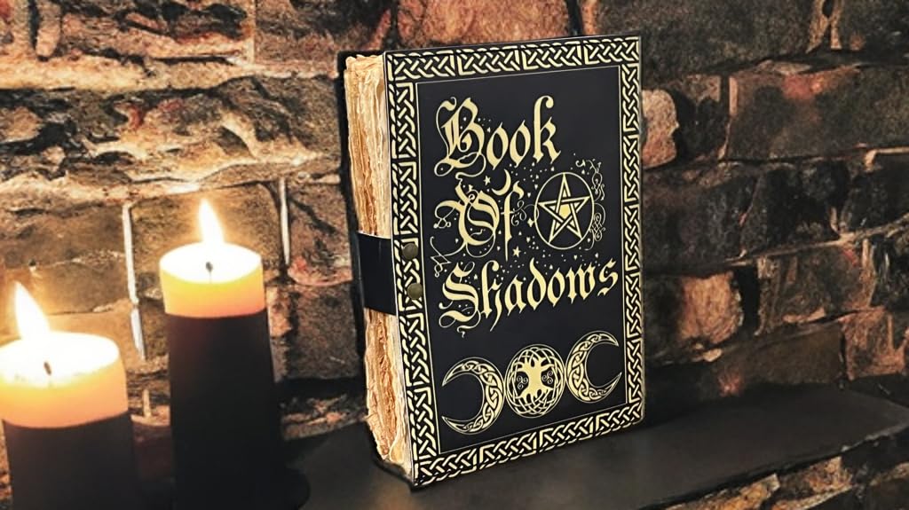 Leeres Zauberbuch der Schatten mit keltischem Lapislazuli Stein - Vintage Leder Journal mit Schloss, Grimoire Junk Journal, Leder Skizzenbuch Notizbuch, 200 Büttenseiten - Hexerei Geschenk für Sie