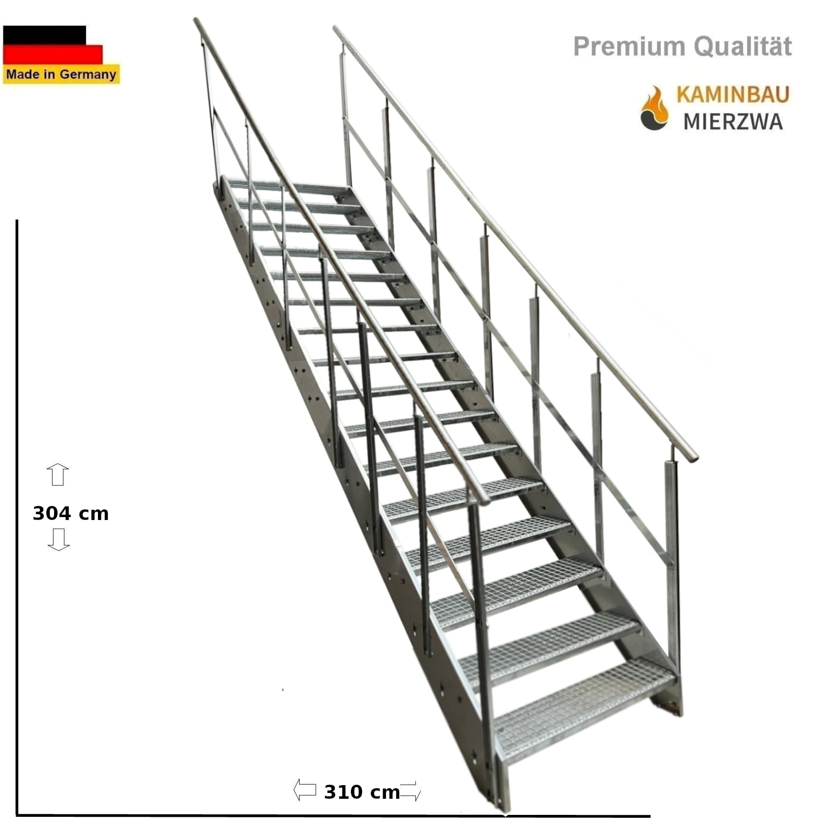 Escalier en acier de qualité supérieure avec garde-corps des deux côtés entièrement galvanisé / 16 marches en caillebotis (largeur 600 mm) (hauteur 304 cm), résistant aux intempéries