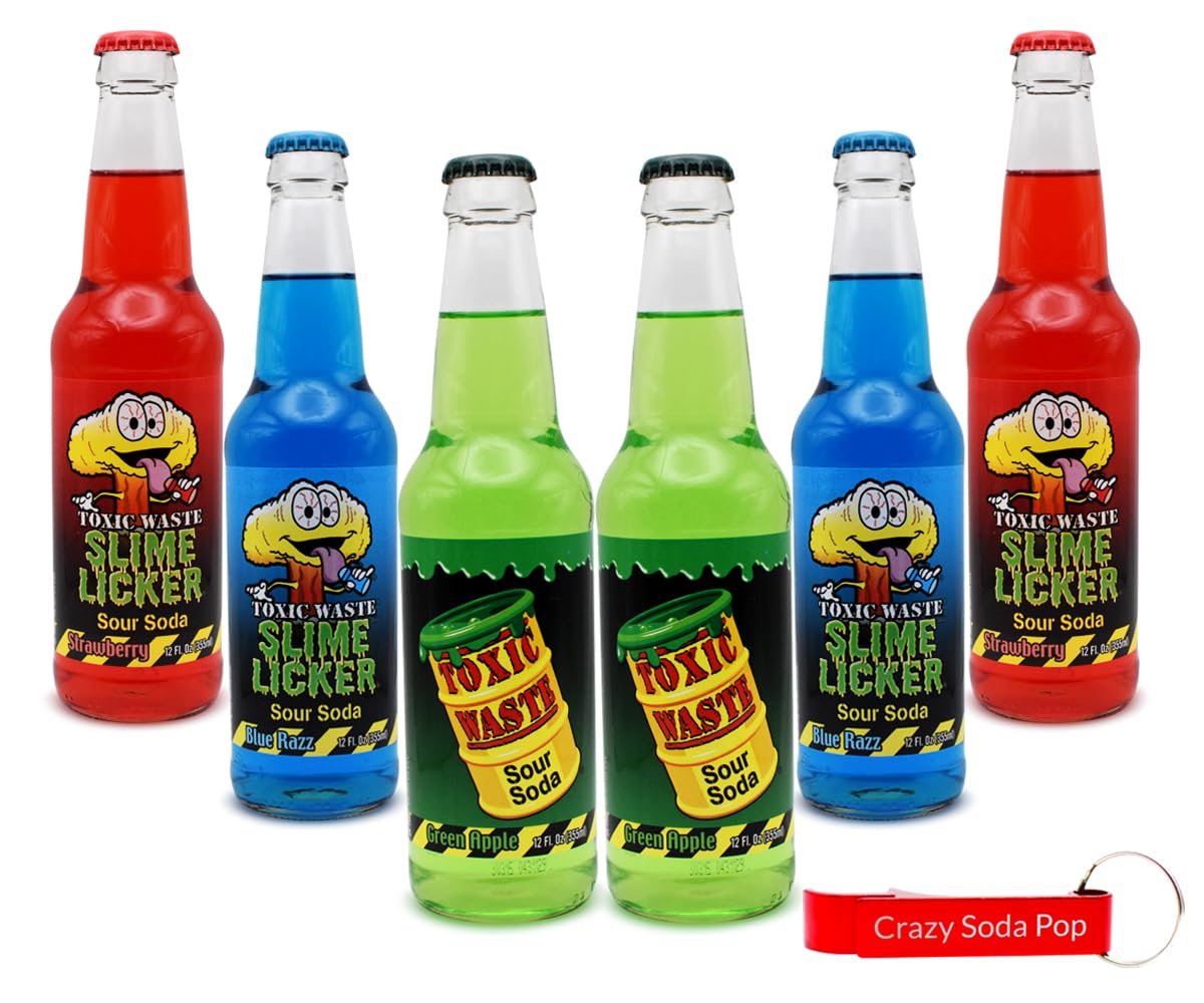 Toxic Waste Soda Variety Pack | 6 Pack of 3 Unique Pucker Inducing Flavors of Soda Pop with Real Cane Sugar | 12 oz Glass Bottles in a Mixed Sampler