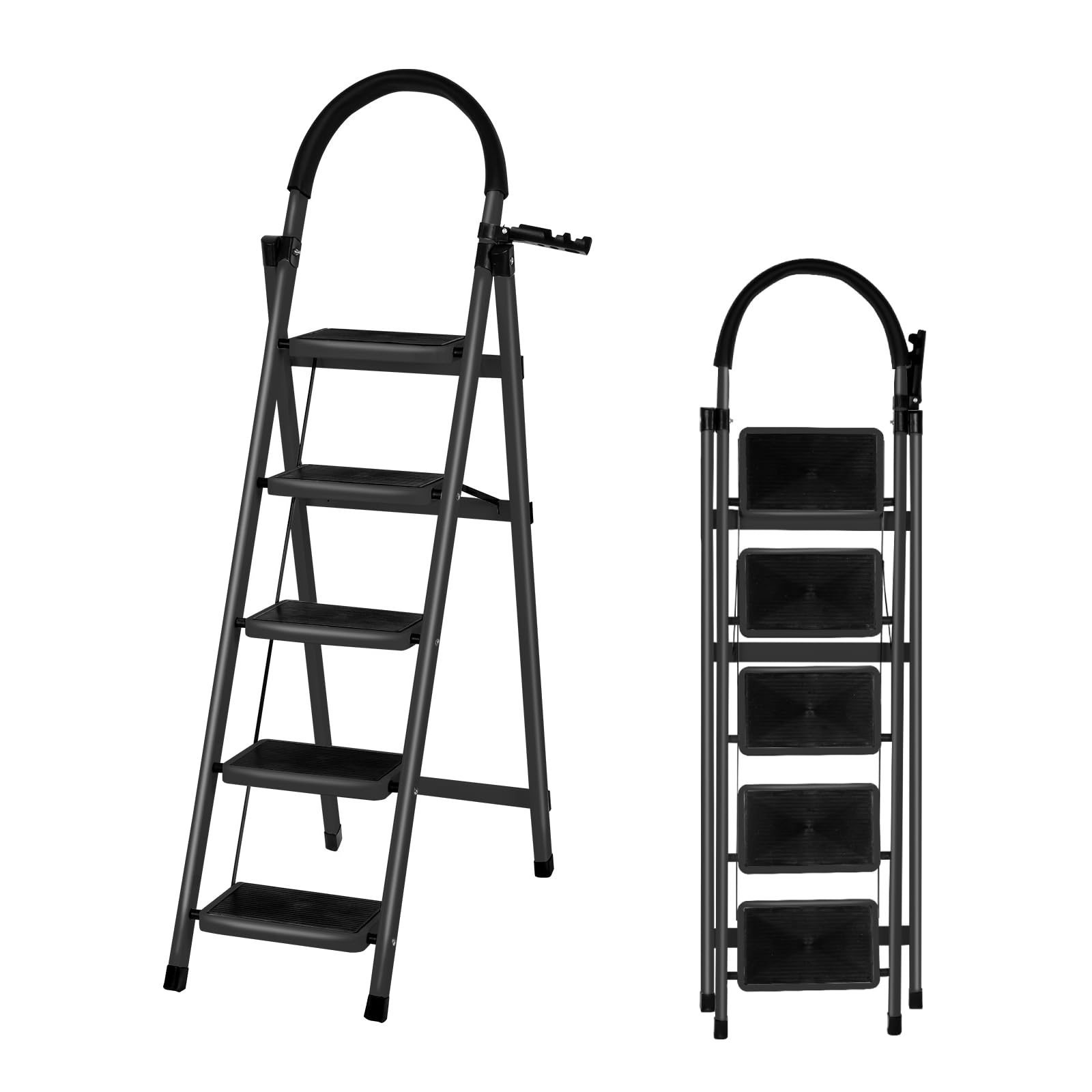 Escalera Plegable de 5 Peldaños, Estructura de Acero, Plataformas Antideslizantes y Pasamanos, Escalera de Tijera para Hogar Oficina y Tareas Domésticas (Negro, 5 peldaños)