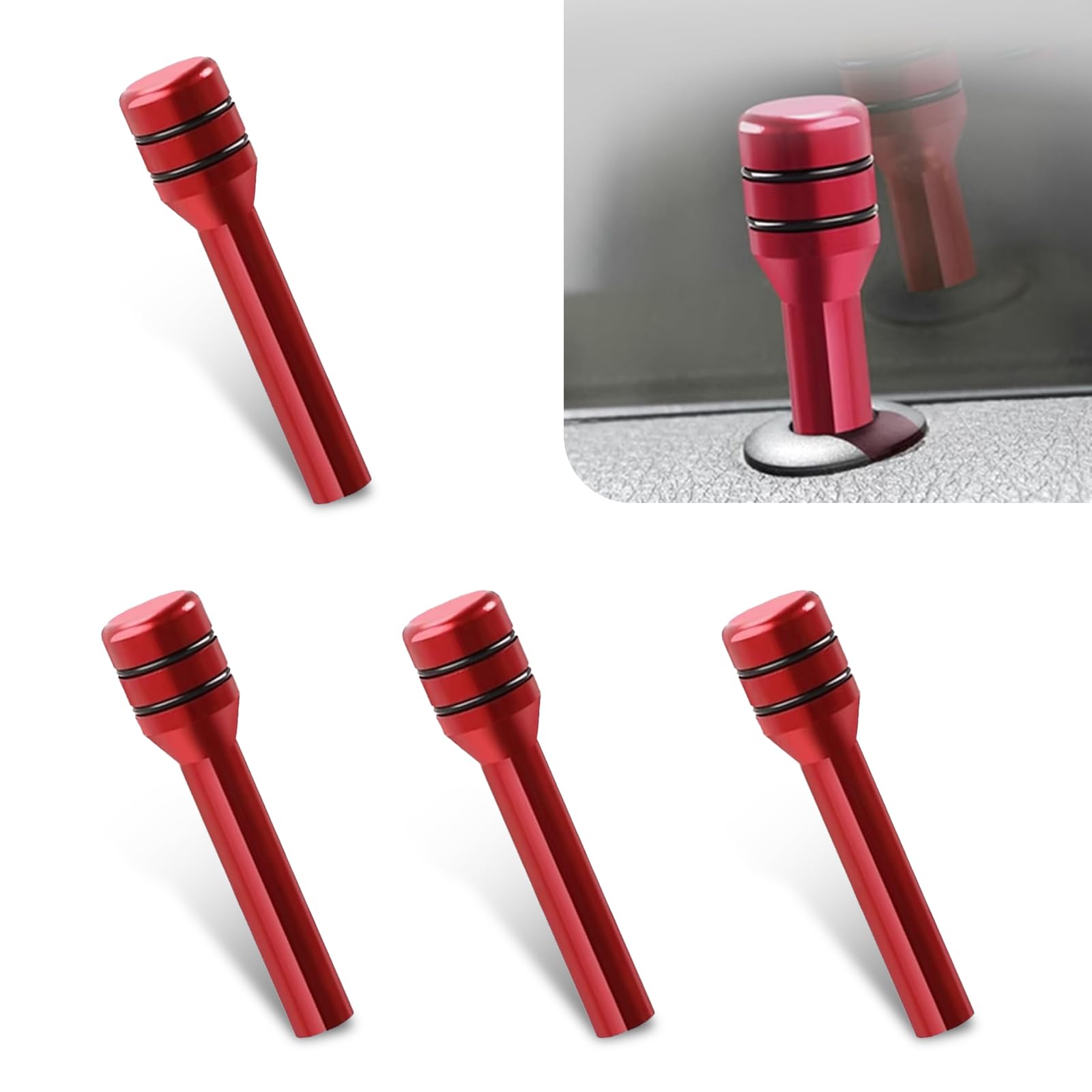 Pack-4 Car Door Lock Knob Cover, 1.92" x 0.47" Alloy Smooth Easy to Hold Personalized Eye-catching Decoration, Inner Door Pull Pin with Rubber Ring, Unviersal for Cars Accessories (Red)