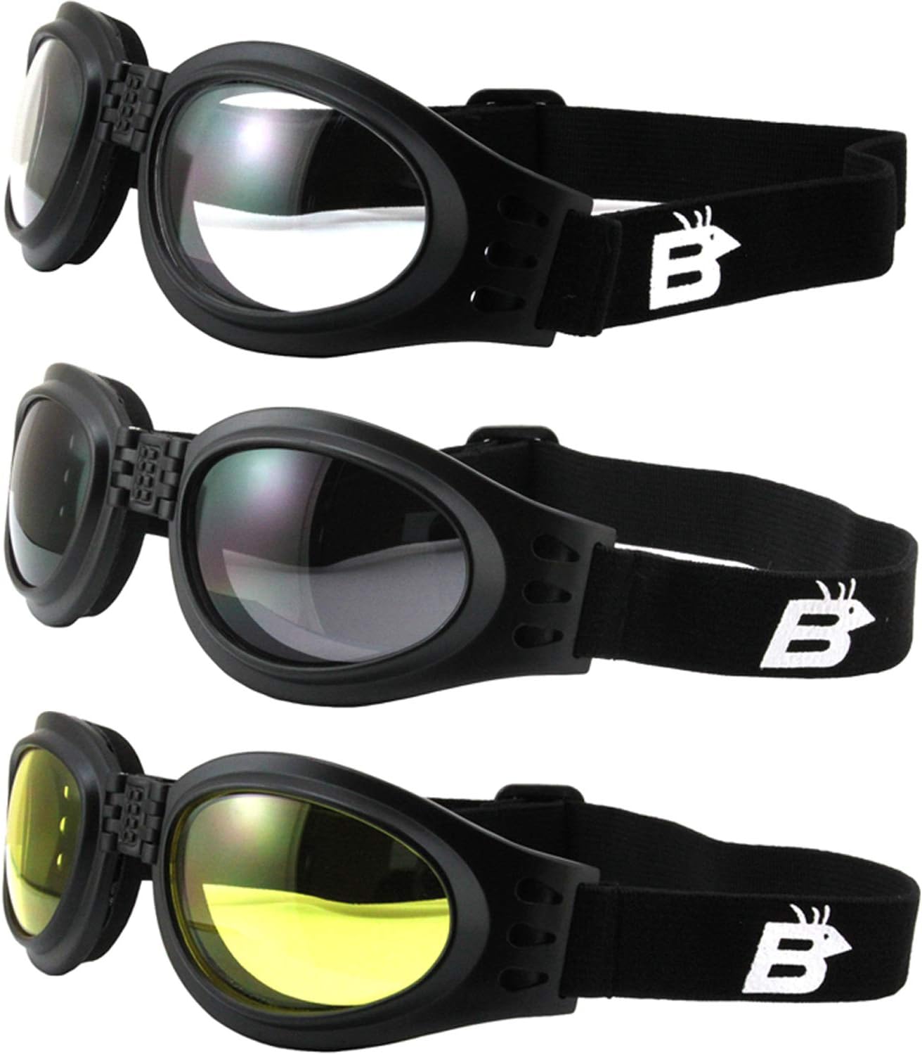 2 Pairs of Birdz Eyewear Parrot Black Folding Padded Motorcycle Goggles Clear & Smoke Lenses for Men & Women