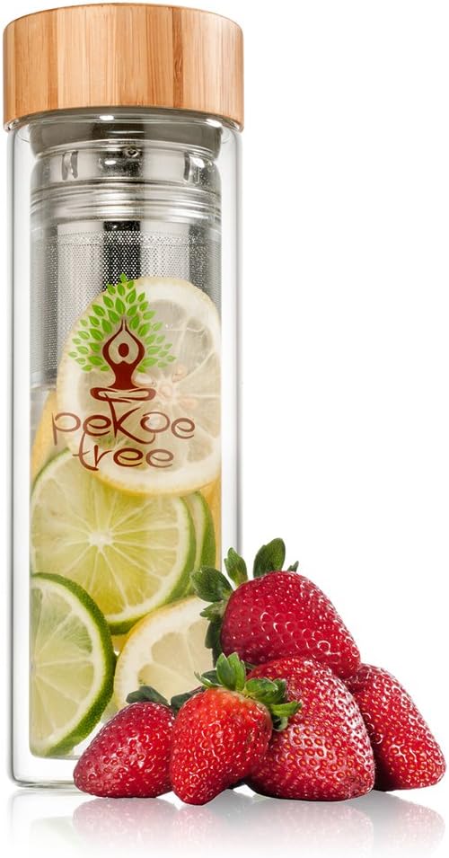Pekoe Tree Glass Tea Tumbler with Strainer and Neoprene Sleeve Our