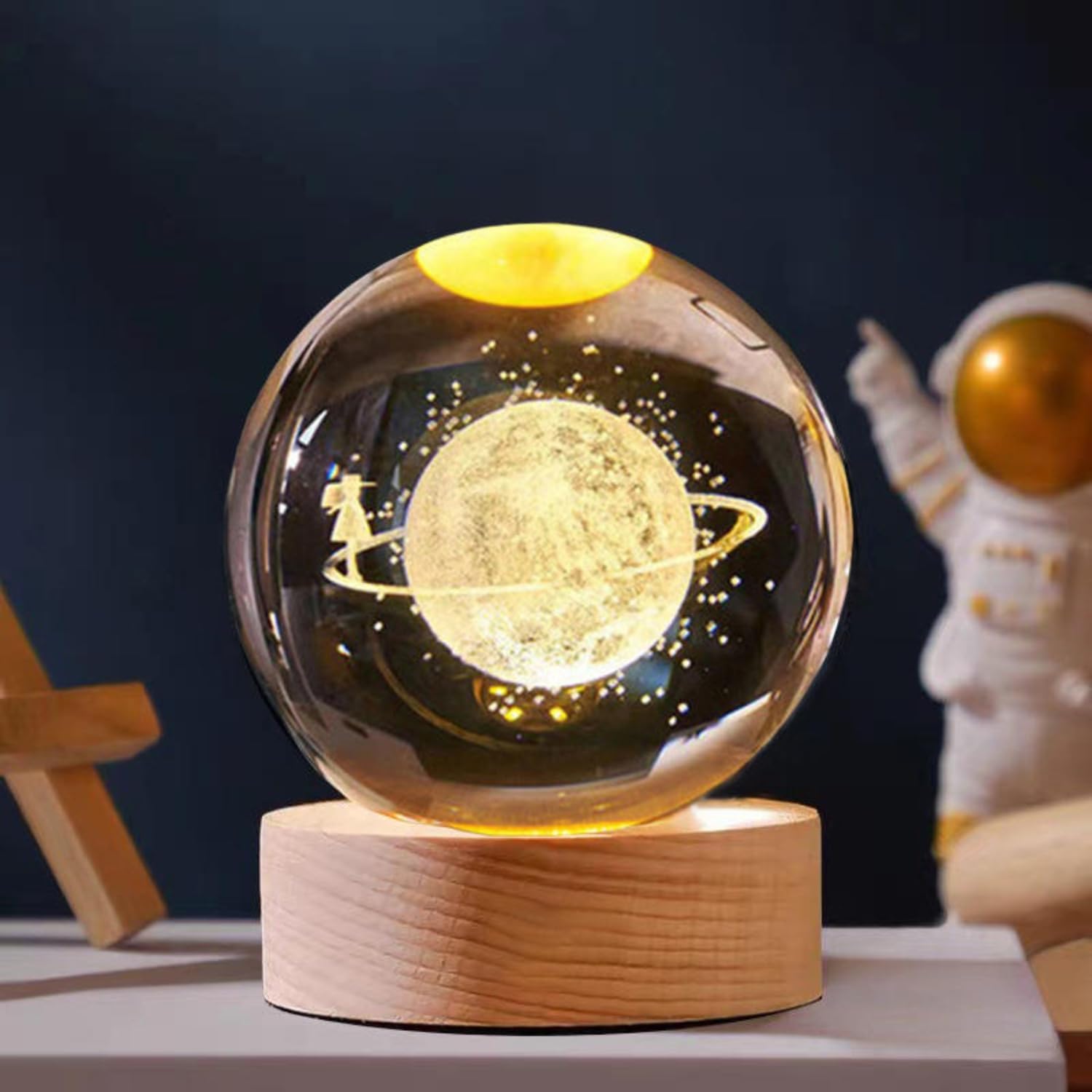 One94Store 3D Crystal Saturn Girl Night Lamp | USB Powered LED Table Light with Wooden Base | Warm White Decorative Lamp for Bedroom, Home Décor & Birthday Gift