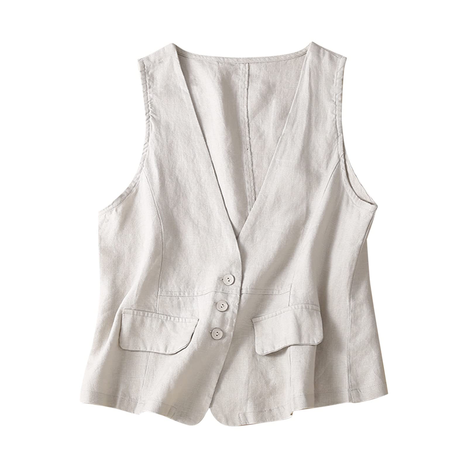 Womens Linen Vest Button Down Waistcoat Sleeveless V Neck Business Casual Dressy Suit Vest Tops with Pockets