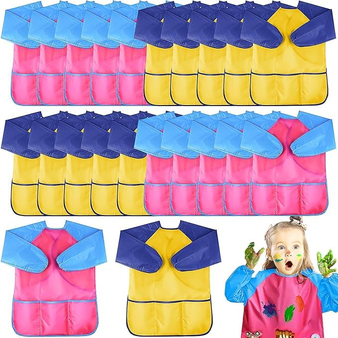 MSYU Confezione da 24 grembiuli da pittura, impermeabili, a maniche lunghe, con 3 tasche, per bambini dai 2 ai 7 anni (colorati)