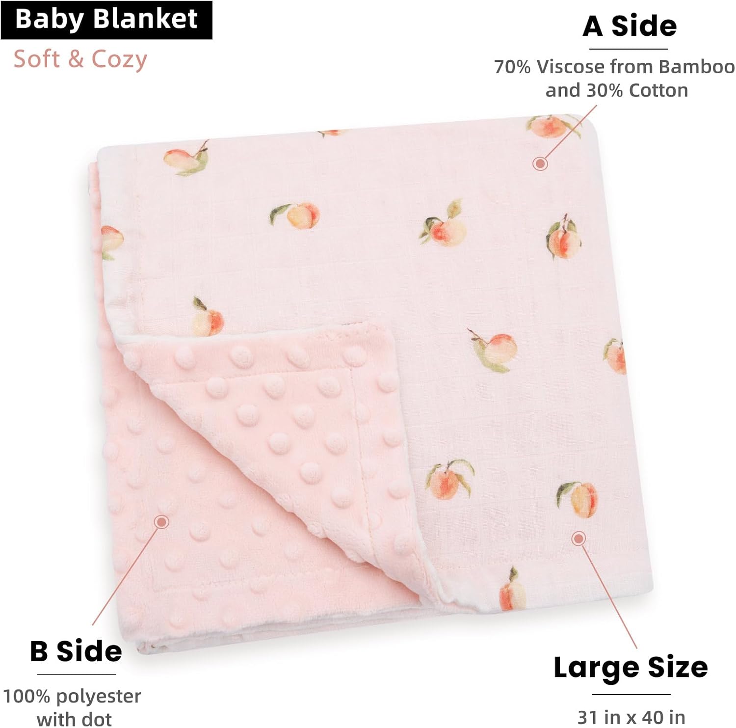 LifeTree Baby Blankets for Boys Girls, Soft Double Layer Swaddle Blankets, Muslin Front and Dotted Fleece Backing Receiving Bed Throw Blanket for Newborn Unisex, 31X40 Inches, Peach