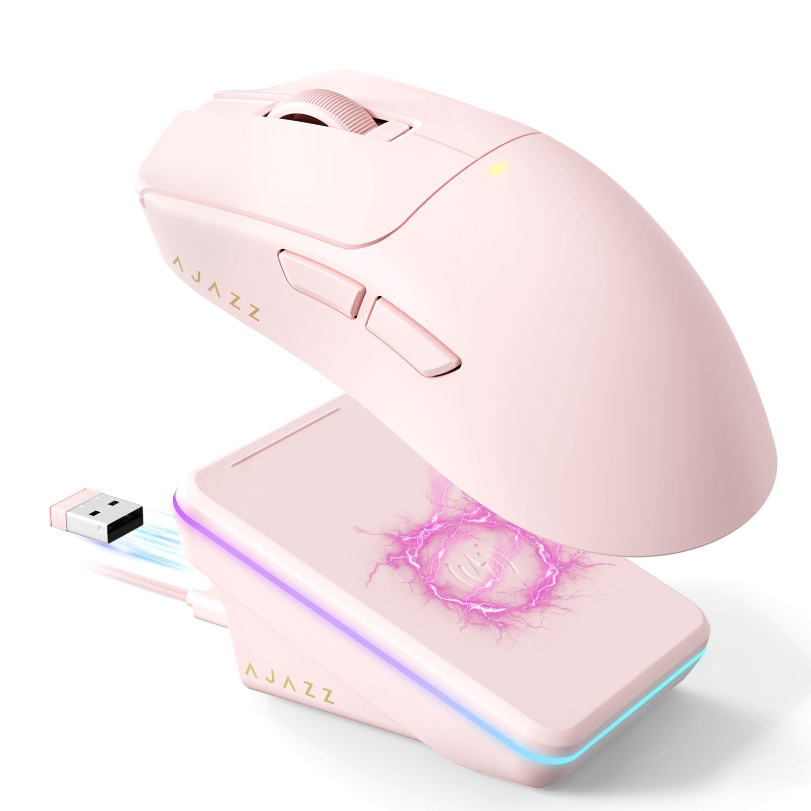 A.JAZZ AJ200P Bezprzewodowa Mysz Obsługuje AI Prompt & RGB Stację Dokującą | Mysz komputerowa BT/2,4G/Przewodowa, lekka, z funkcją AI Voice Typing, sensorem PAW3311, 24K DPI, 1000Hz biura/gier - Różowa