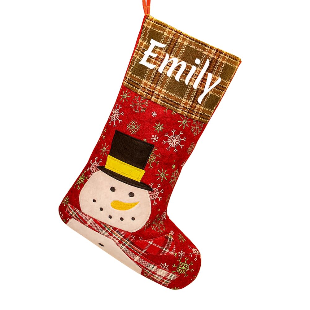 Yopicks Personalized Name Christmas Stockings, 18” Large Cute Santa/Deer/Snowmen Design Buffalo Plaid Thick Custom Christmas Stockings for Family Kids Dogs Christmas Fireplace Decorations Gifts(1 pcs)