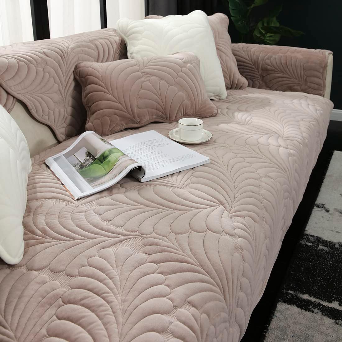 vctops Soft Velvet Sofa Couch Warm Plush Banana Leaf Quilted Sectional Couch Cover for Winter Non Slip Sofa Slipcover Furniture Cover for Dogs Cats Pet, 1 Piece/Not All Set (Light Coffee,43"x43")