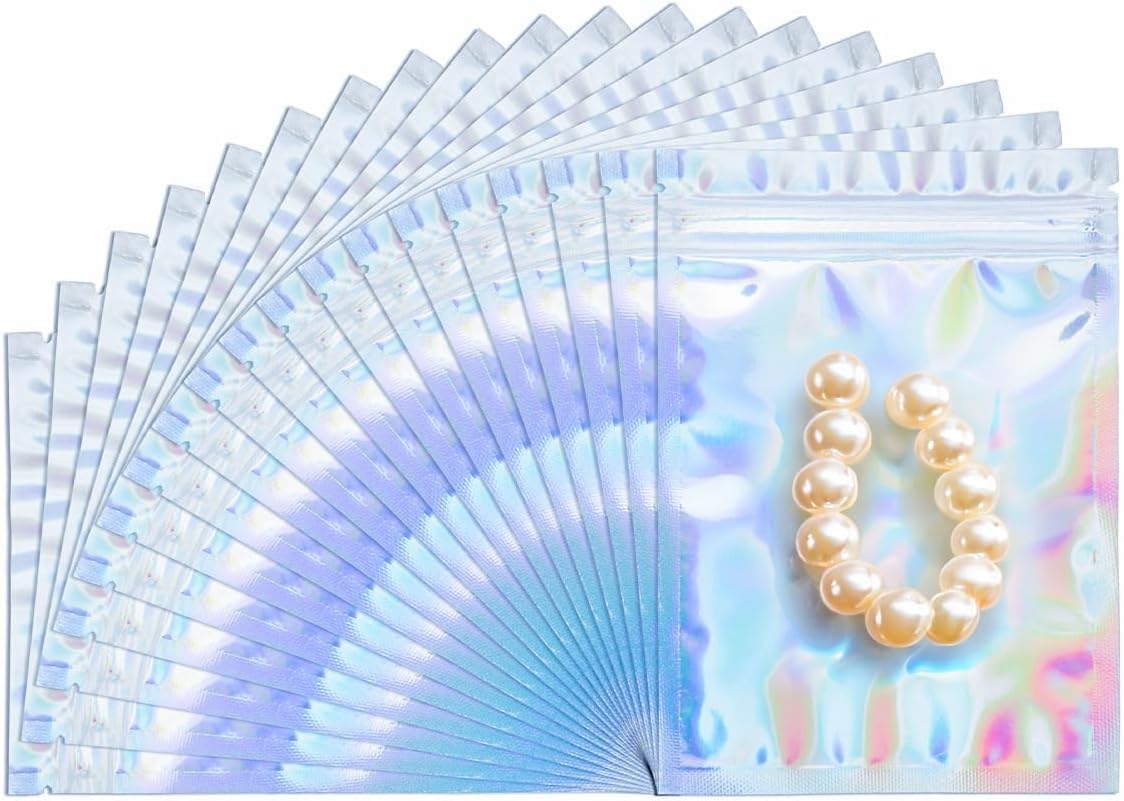 Tazweeq 100 Pack Resealable Mylar Bags, Aluminum Foil Plastic Bag, for Food Storage (5x8 Inch, Holographic)