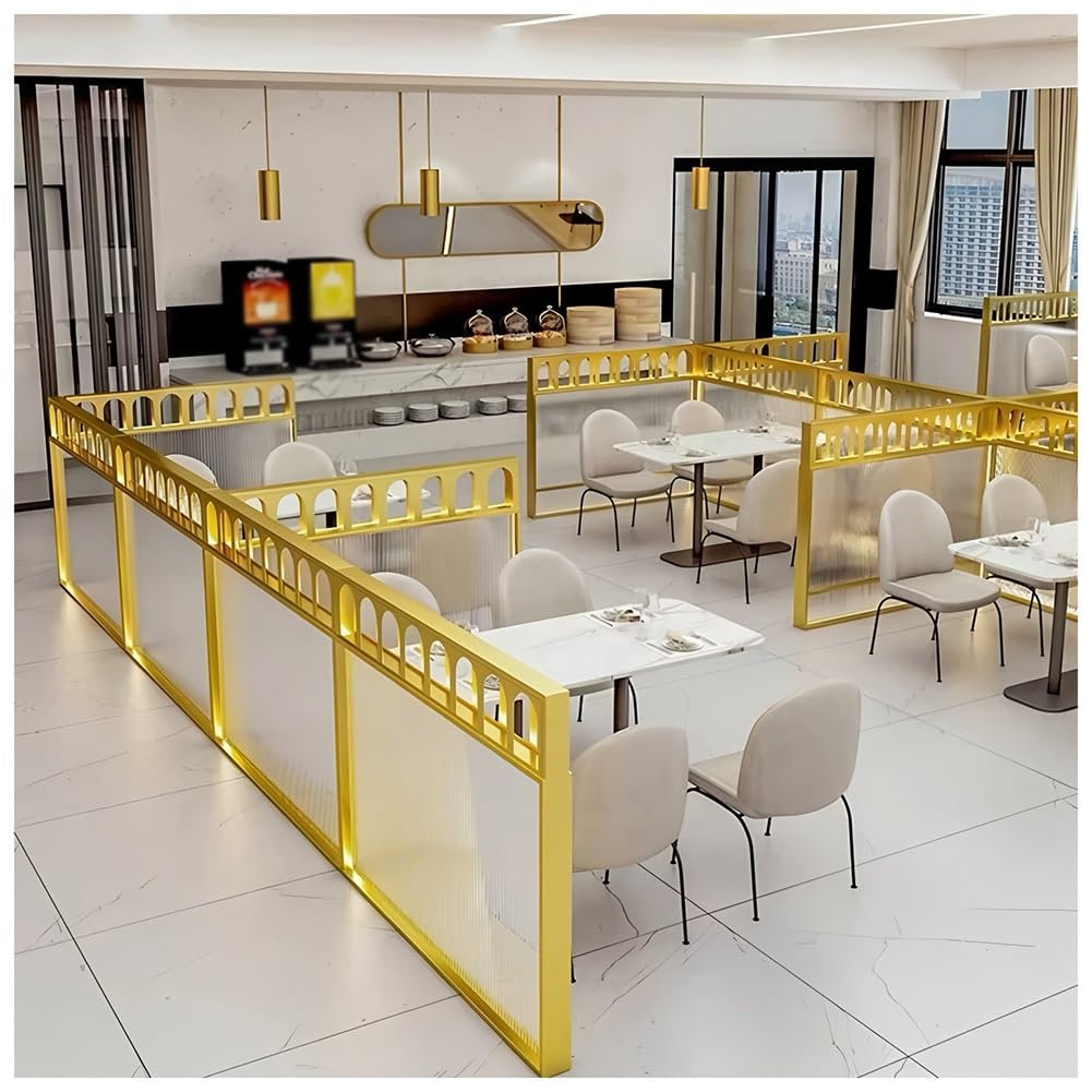 Półprzezroczysta szklana przegroda do jadalni i biurek, elegancka ścianka działowa, złote wykończenie, idealna do restauracji i barów (100 x 120 cm)