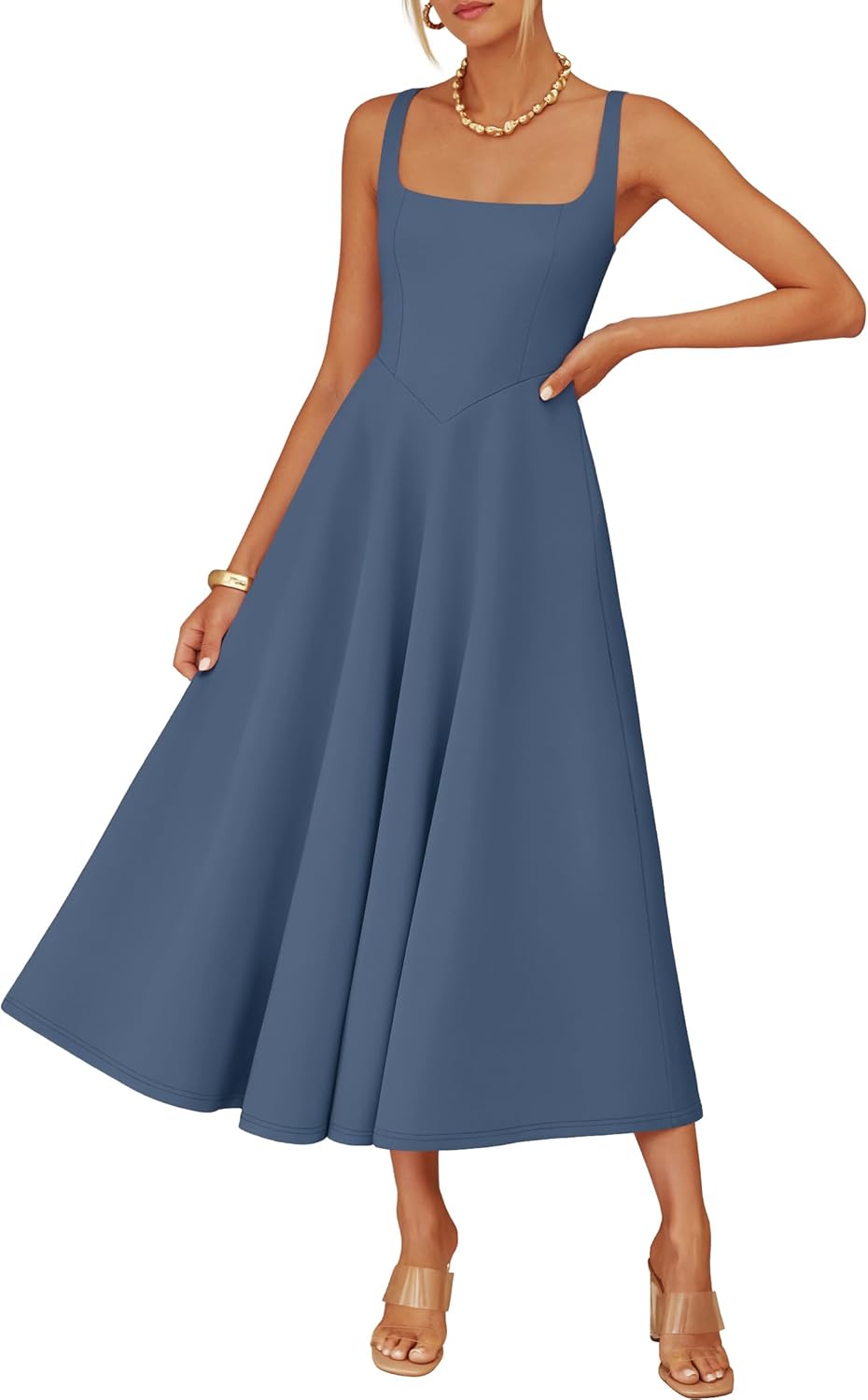ZESICA Women‘s 2026 Summer Sleeveless Midi Dress Square Neck Flowy A Line Casual Beach Vacation Long Dresses with Pockets