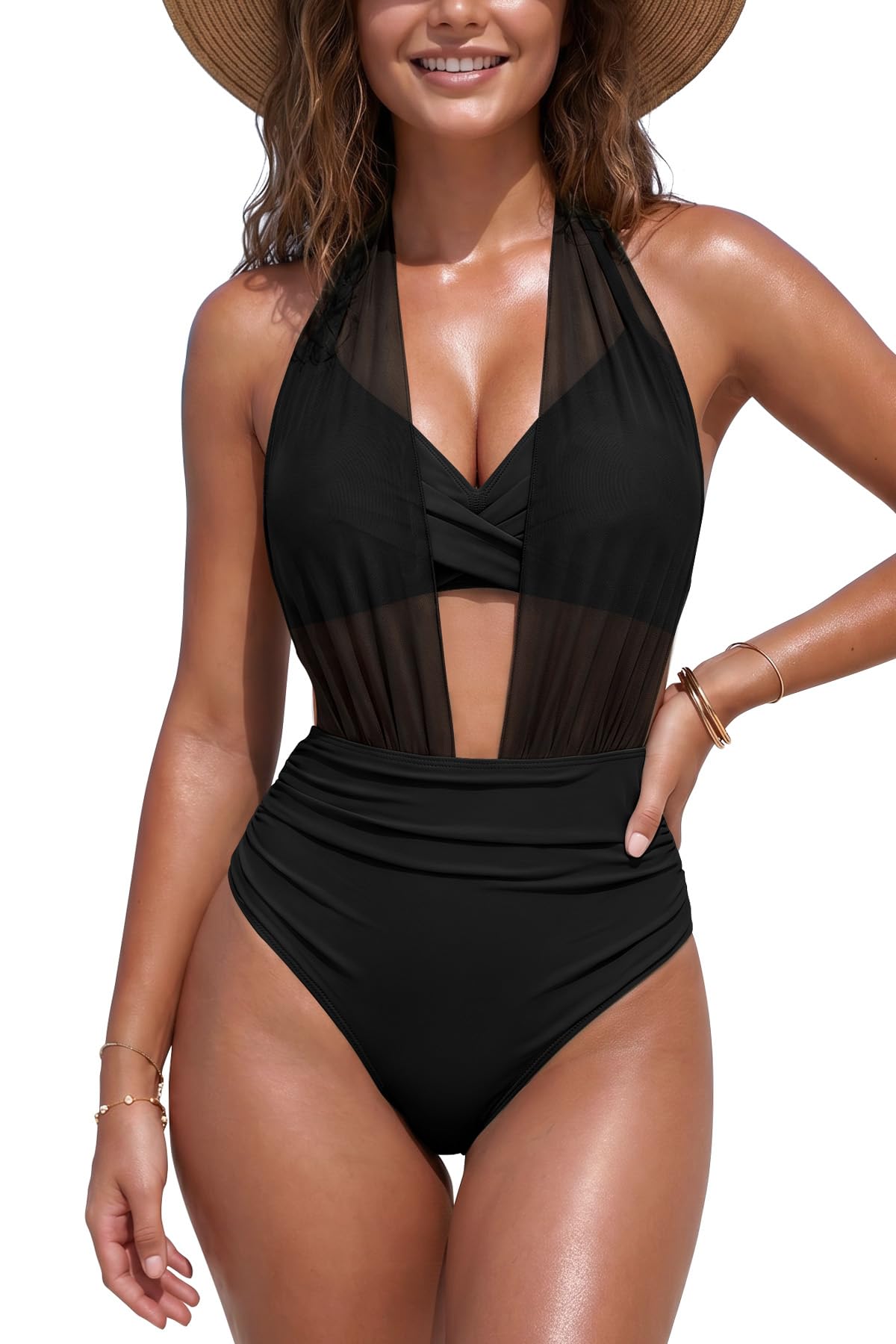 SHEKINI Damen Bikini Sets Halter hohe Taille Bauch Kontrolle Sexy Mesh 2 Stil Zwei Stück Badeanzug 2026