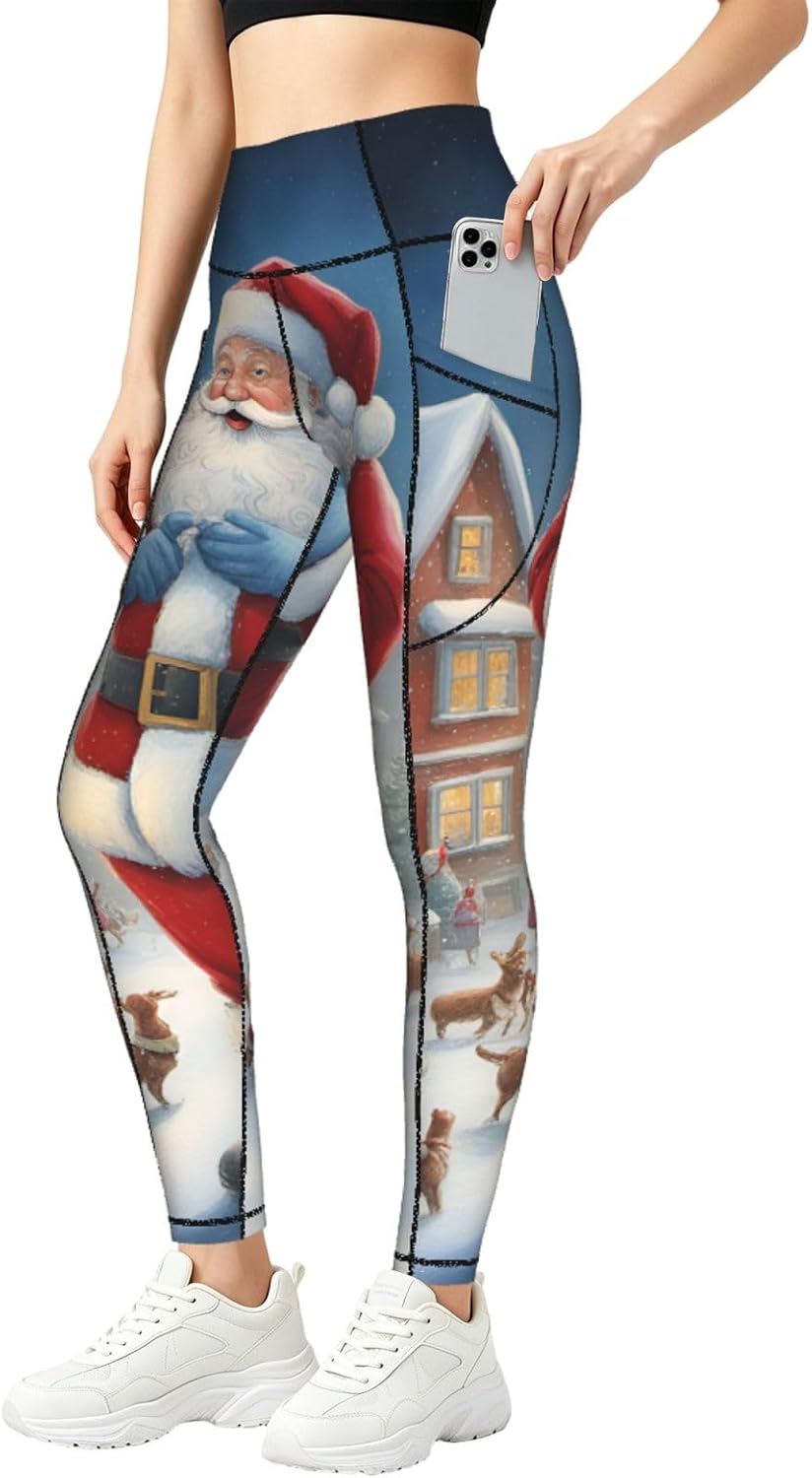 Santa Claus Snow Secenry Print Premium Leggings for Women,Fitness Clothing,for All Seasons and Occasions