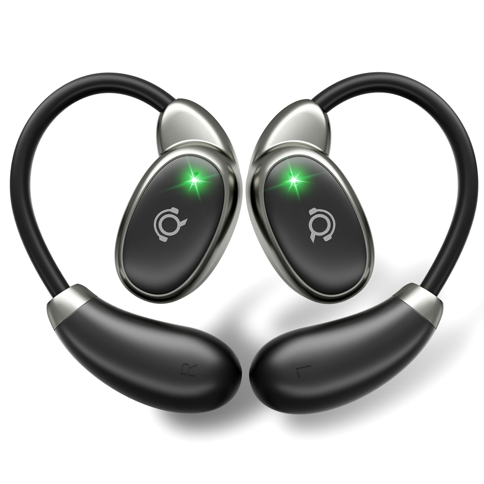 QKJ Auricolari aperti Bluetooth 5.4, 32H tempo di riproduzione, IPX4 resistente all'acqua, gancio per orecchio ergonomico ultra-confortevole, driver ovali 15x11mm, controllo touch, auricolari sportivi