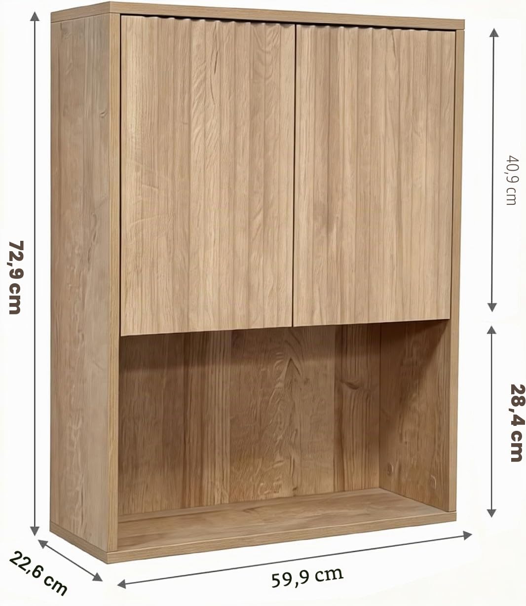Armoire Murale de Salle de Bain en Bois à 3 Étagère, 60x22.5x73cm, Chêne