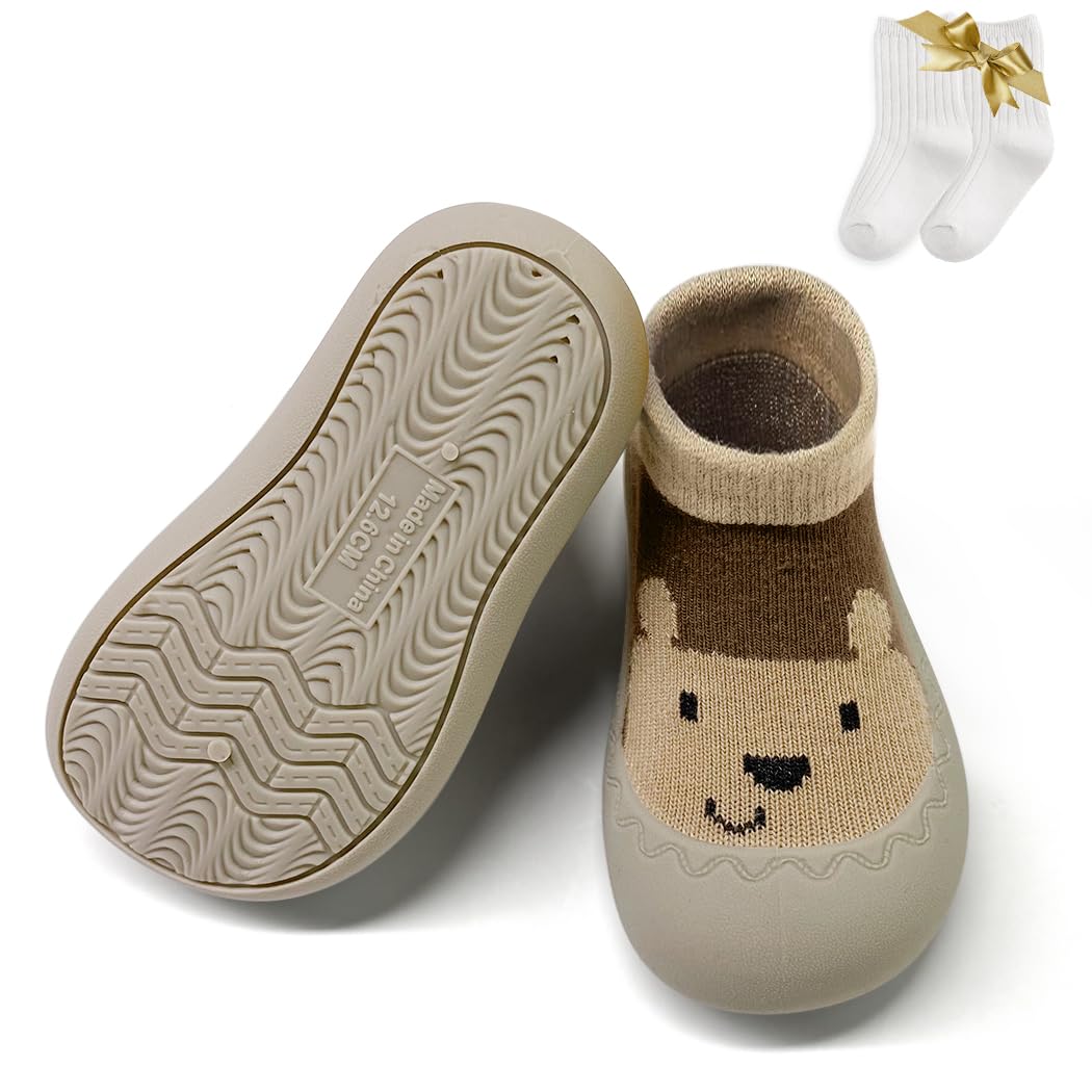 ZURLEFY Cartoon Bear Sock Shoes for Baby Boy, First Walking Sock Shoes Toddler, Non Slip Floor Baby Sock Slippers for Babies Newborn Infants Toddlers Boys Girls(37-07L)