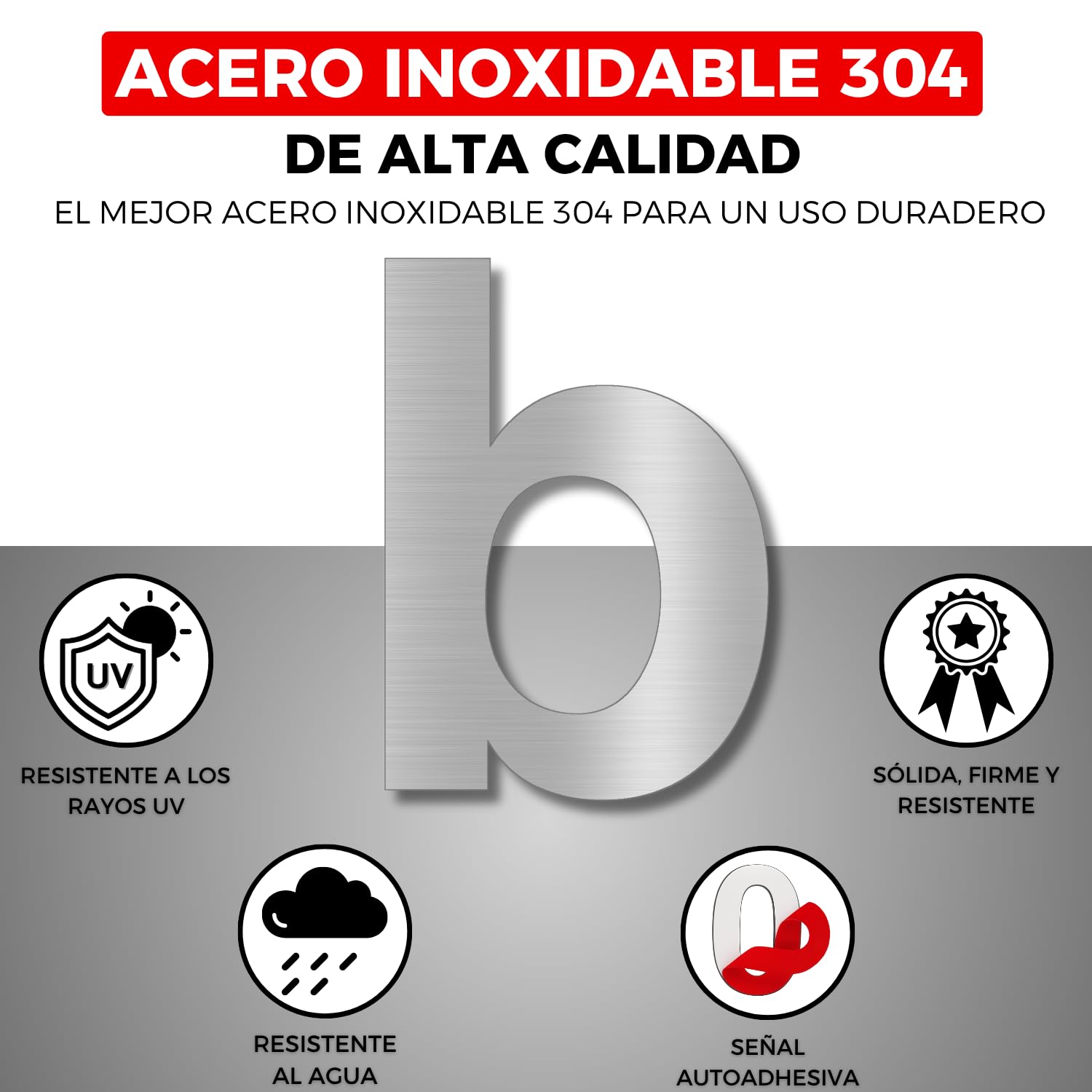 Número Adhesivo - 150 mm - Acero Inoxidable 304 - Nº B - Número Hotel - Enumeración Apartamento Puertas - Número Casa Dirección - Exterior e Interior - Gris B (b, 150mm)