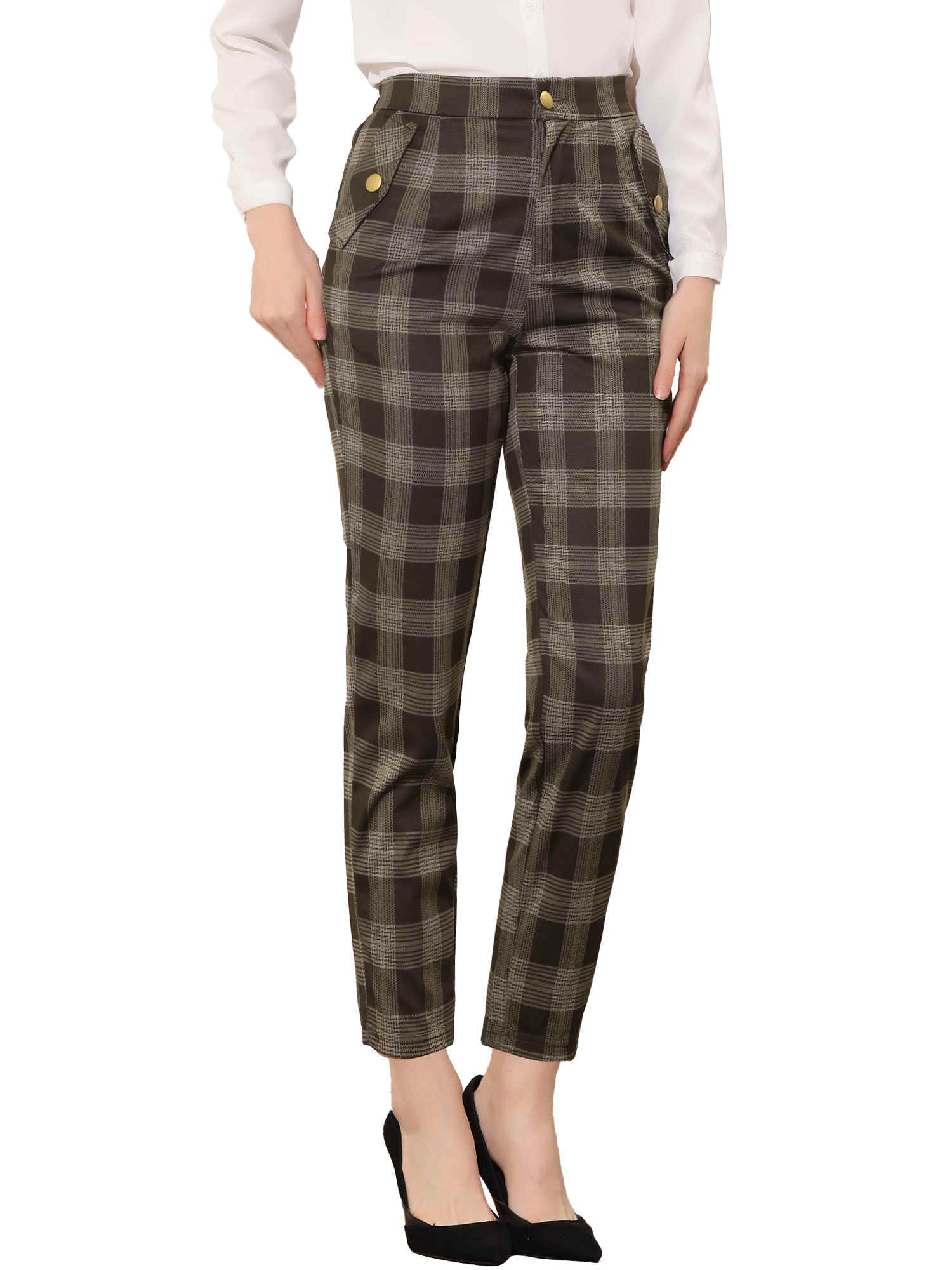 Allegra K Plaid Pants for Womens Vintage Tartan Elastic Waist Straight Long Trouser