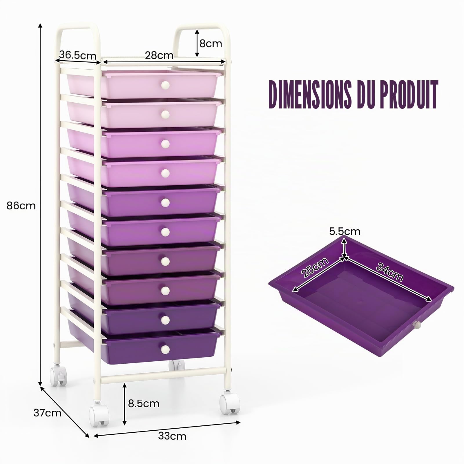 GIANTEX Chariot à roulettes avec 10 tiroirs empilables - Chariot de salle de bain avec roulettes verrouillables - Chariot de rangement - Chariot de rangement - Chariot de ménage - Structure en métal