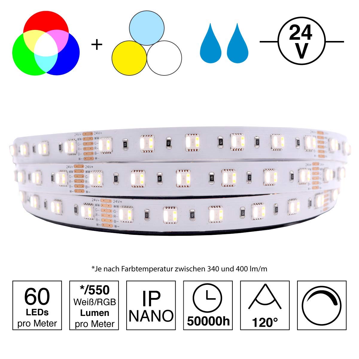 LED-Streifen 5in1 RGB+CCT: hochwertiger LED-Streifen RGB+CCT (2300K + 6500K) mit 60 LEDs pro Meter, hoch selektiert, 24V, 20W pro Meter (IP65 NANO Rolle 5m)