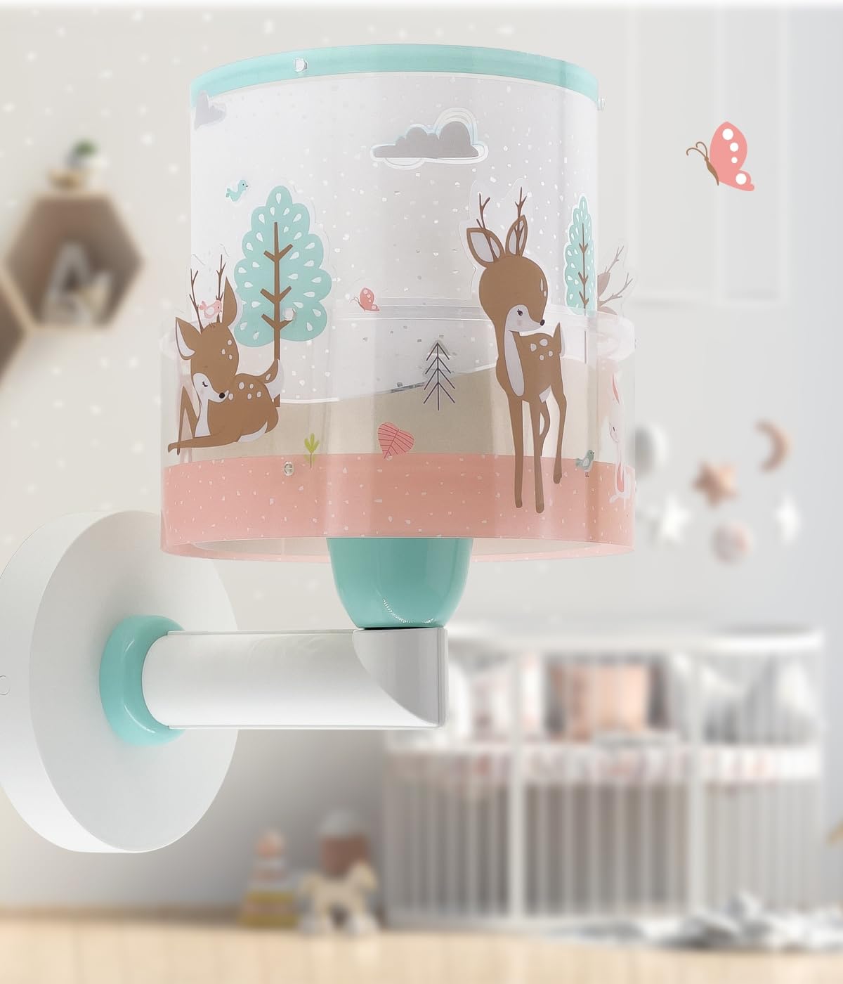 Dalber Lámpara Aplique Pared Infantil Ciervo Rosa 61279 | Lámpara aplique de pared con instalación directa a la corriente o mediante cable con interruptor incluido. Loving Deer