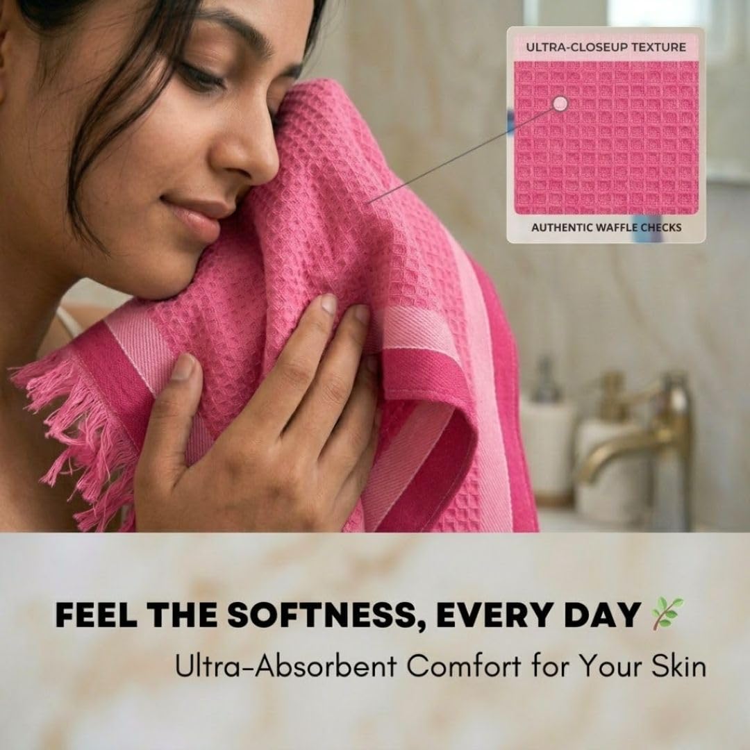 Athom Living Light Weight Cotton Premium Waffle Border Bath Towel 75x150 cm Pack of 2 2