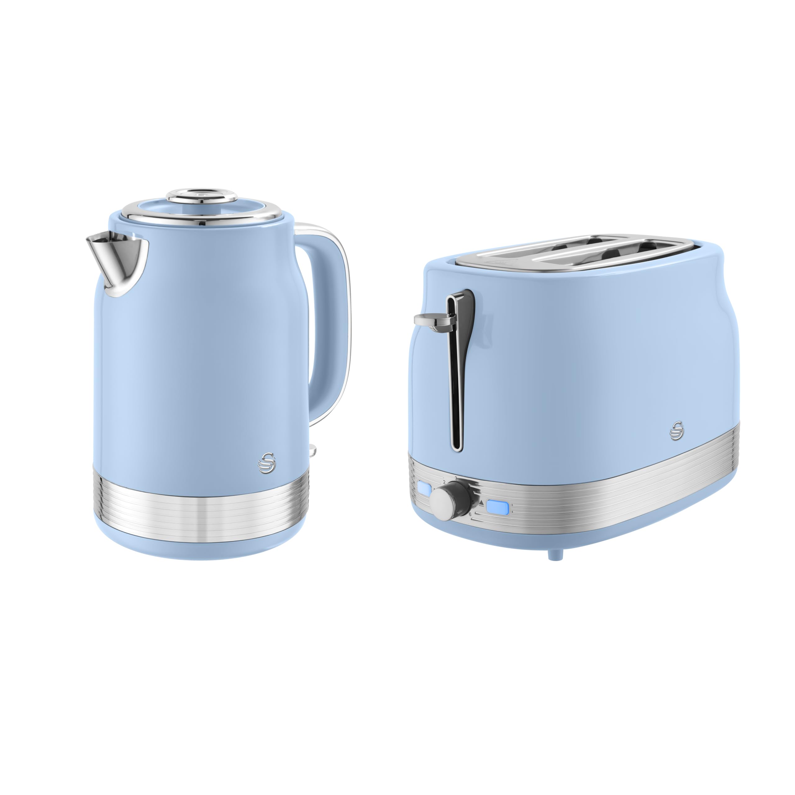 Swan Retro Revive Kitchen Set, 1.7L Rapid Boil Jug Kettle and 2 Slice Toaster, 930W, Blue, SK19025BLU & SK19028BLU