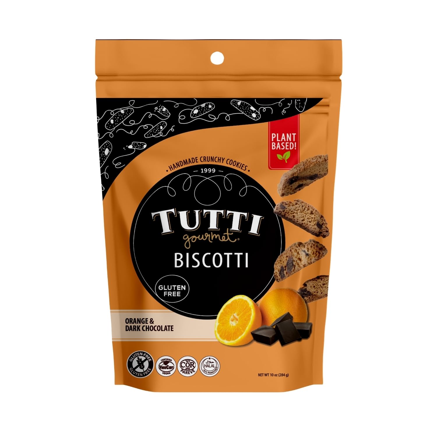 Tutti Gourmet Gluten Free Orange & Chocolate Biscotti, 9.9 oz (283g) Resealable Cookie Bag – Vegan and Halal Snacks