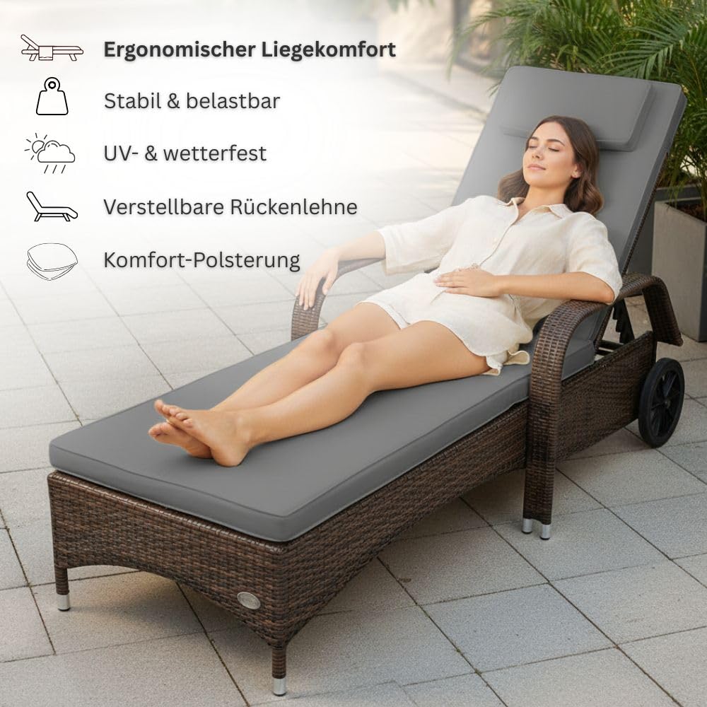 RS Trade Sonnenliege Gartenliege Toscana Wetterfest mit Rollen – Polyrattan Rattan Liege Outdoor mit Armlehne, Verstellbare Relaxliege für Garten, Terrasse, Balkon, braun mit Grauer Auflage & Kissen