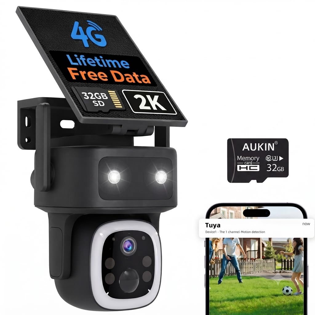 AUKIN Lifetime Free Data 4G LTE Cellular Solar Security Camera
