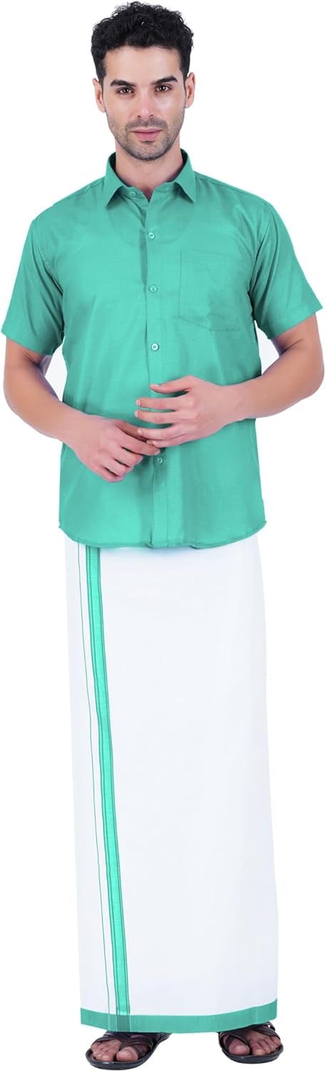 Compatible PRAKASAM COTTON Mens Plain Colour Shirt with Matching Border Blended White Single (1.28x2.00 mtsr) Dhoti set for mens