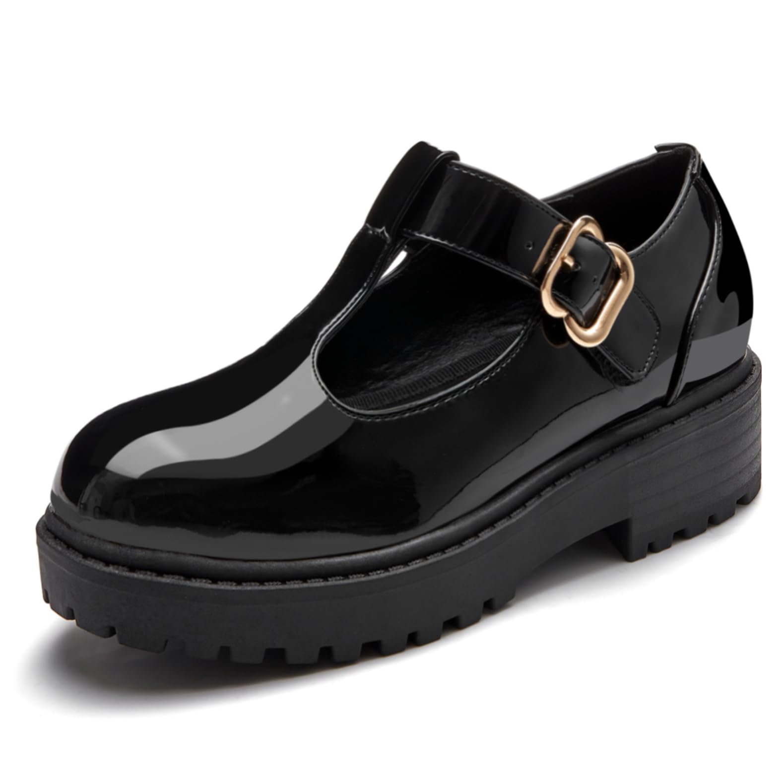 Coutgo Girls Mary Jane Dress Shoes Platform Loafers School Uniform Chunky Heel Closed Toe T-Strap Flats