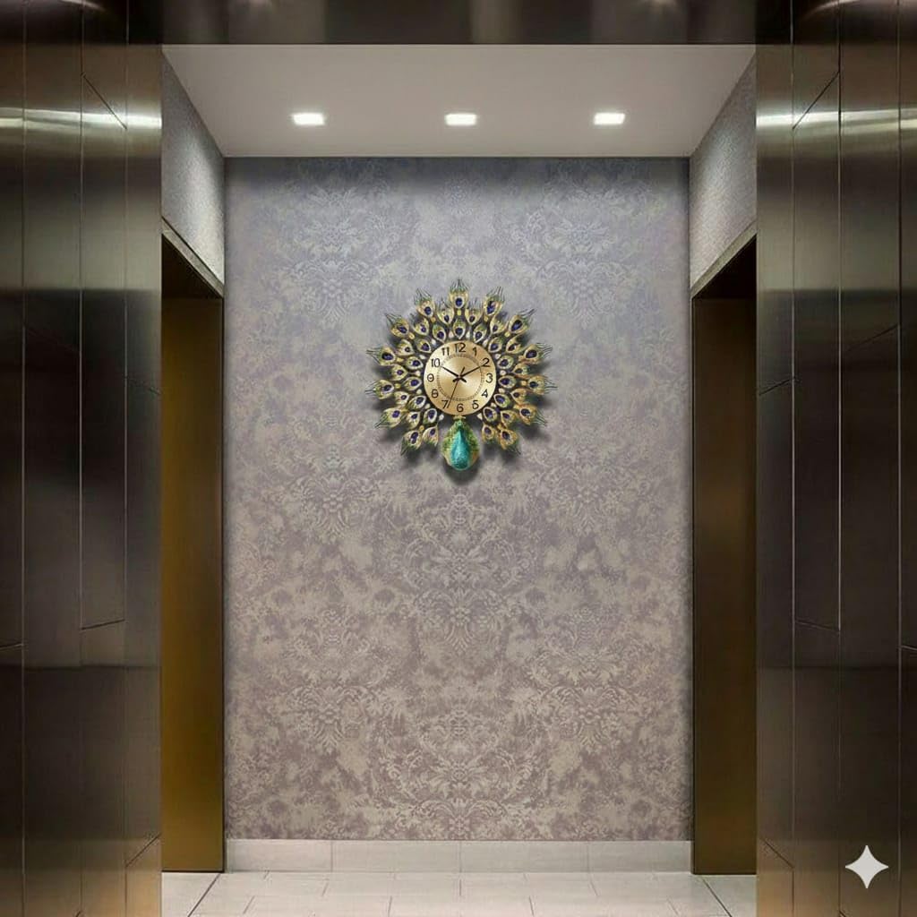 R RUNILEX Peacock European Style Luxury Living Room Analog Clock 3D Diamonds Non-Ticking Silent Creative Personality Metal Large Crystal Quartz Art Wall Decorative (Multi) (Small Peacock Clock) 1