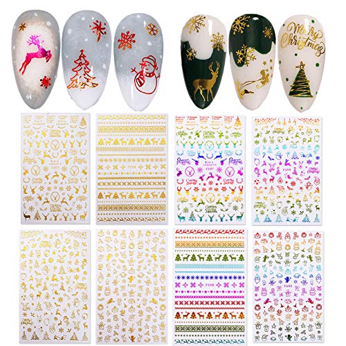 Eseres 8 Sheets Christmas Nail Stickers 3D Nail Self-Adhesive Stickers Nail Decals With Deer Snowman Xmas Tree Design DIY Nail Art Stickers Stylish Style