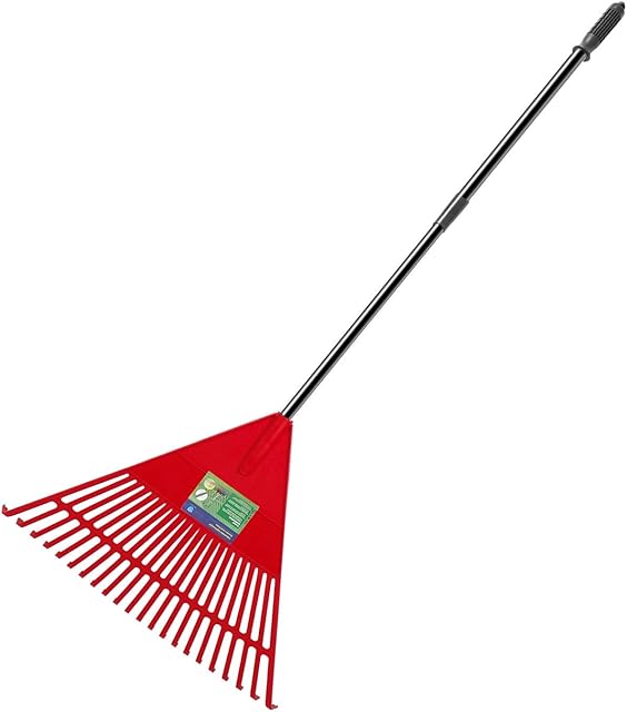 ORIENTOOLS Garden Leaf Rake Adjustable Lightweight Steel Handle Poly Shrub Rake, Plastic Head, 22 Tines, 107 to 153cm (Red Rake Head)