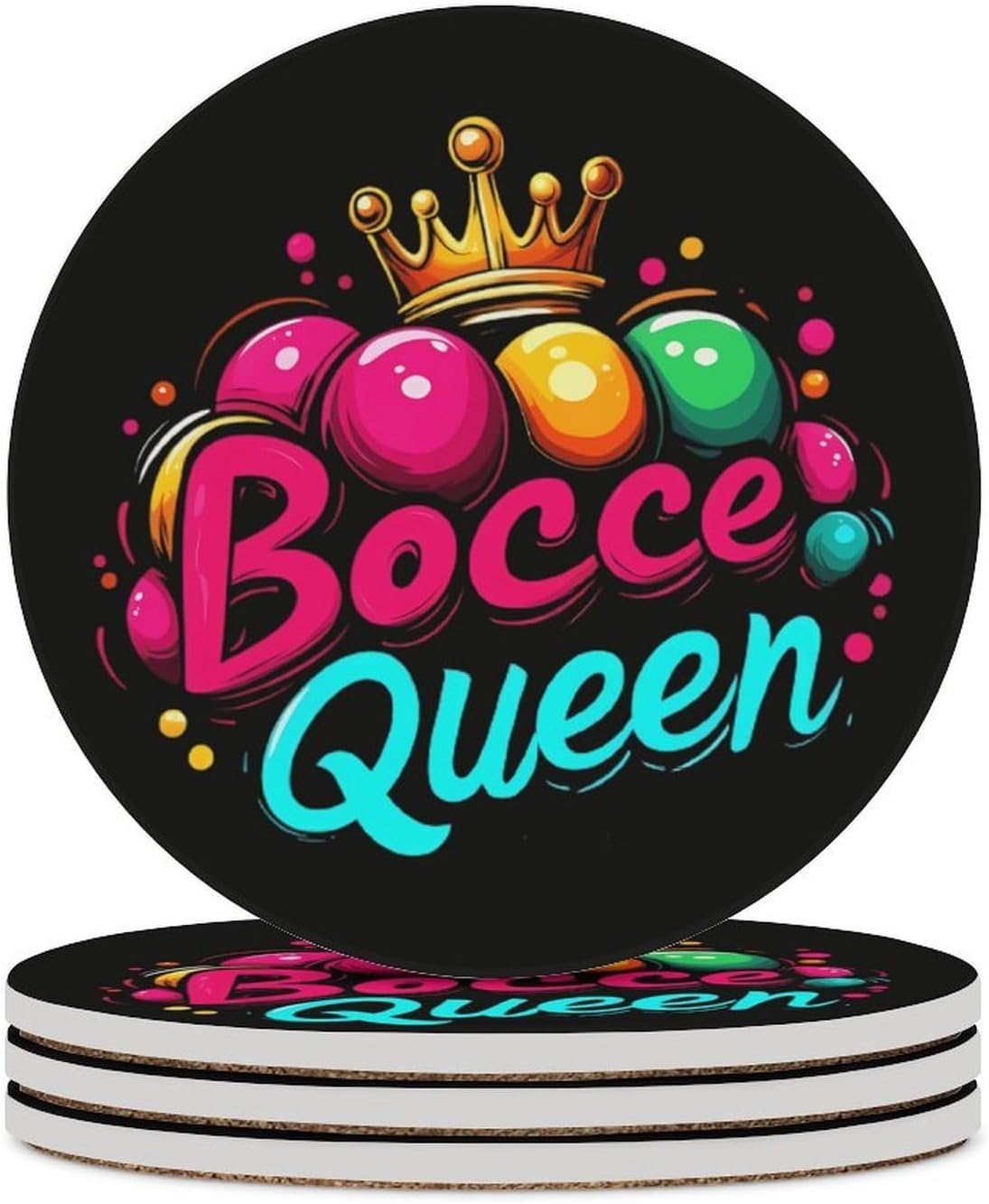 Bocce Ball Queen Funny Round Ceramic Coasters for Drink Absorbent Cup Holders Tabletop Protection
