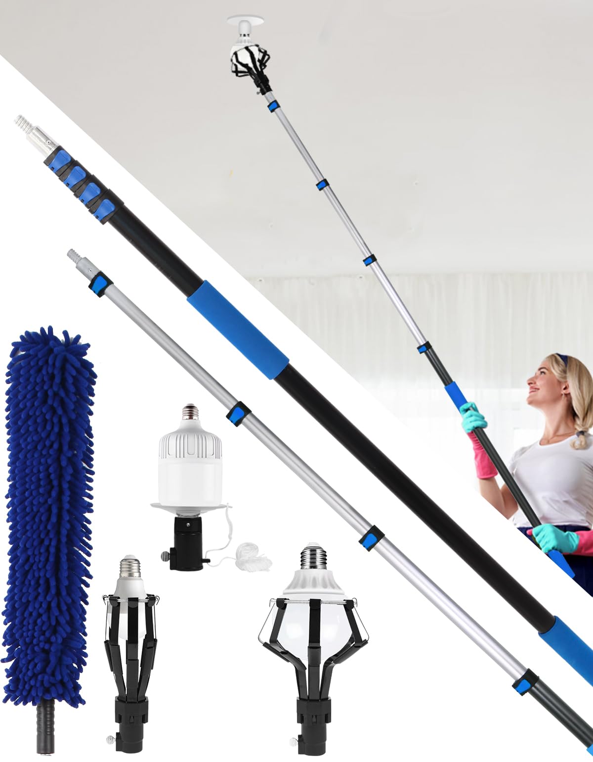 Light Bulb Changer for high Ceilings-Telescopic Light Bulb Changer with Baskets and Suction Cup, Reach to 28FT Light Bulb Extension Pole Changer,high Reach Light Bulb Changer for Household(20FT,blue)