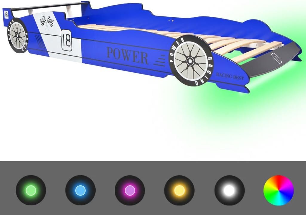 vidaXL LED Race Car Bed, blue, with LED lights on