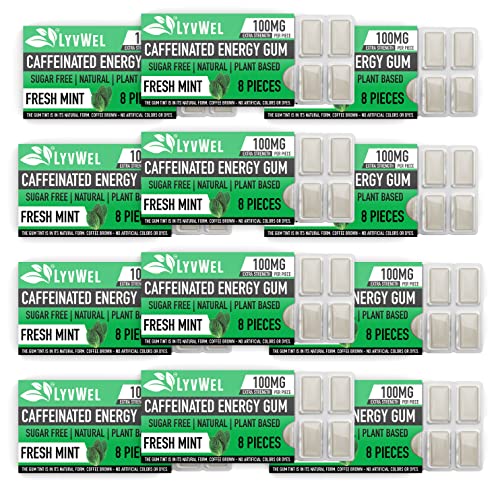 Image of LyvWel Energy Gum | 100mg Caffeine per gem | All Natural | Sugar-Free Pre-Workout Boost: Your Essential Energy Supplement to Stay Awake- Carton 12 pack (Mint- 12 pack)