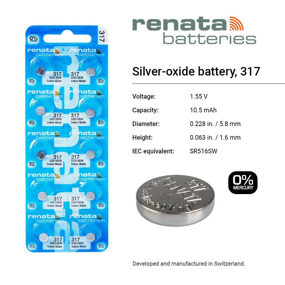 Renata 317 SR516SW Batteries - 1.55V Silver Oxide 317 Watch Battery (2 Count)